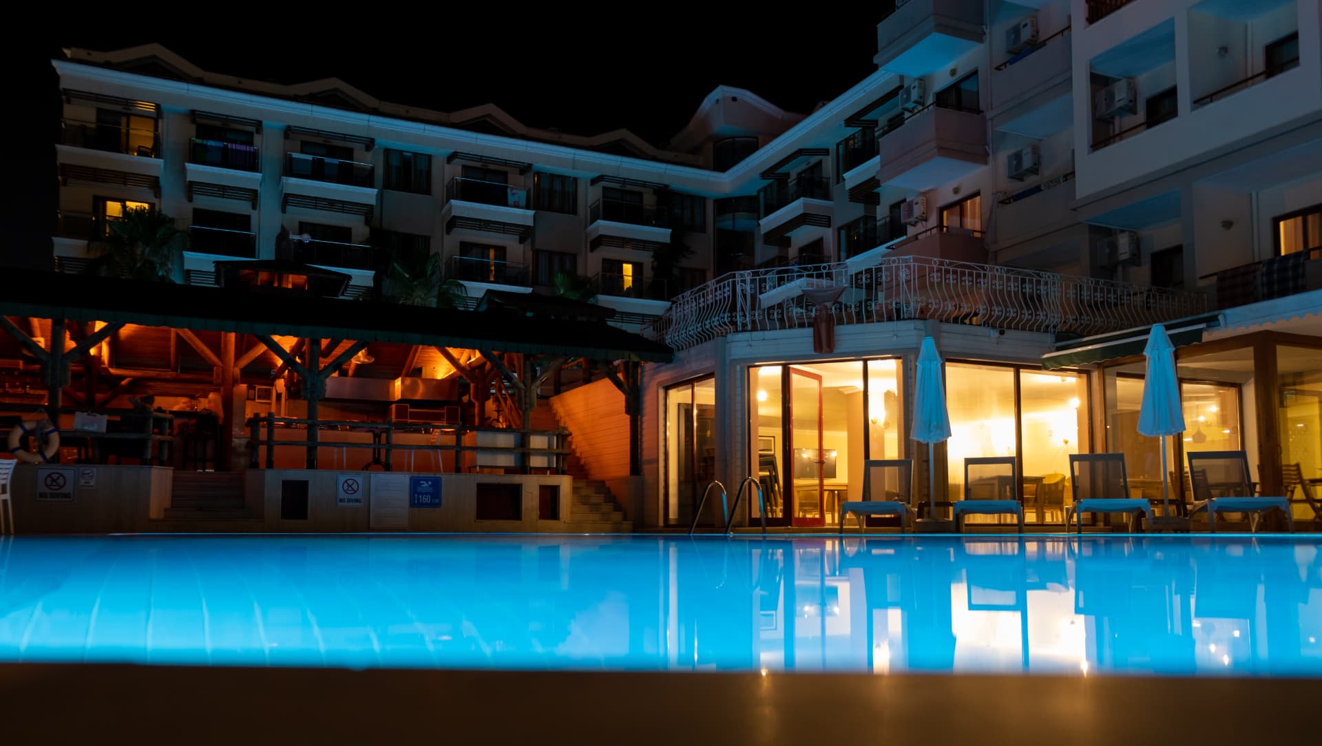 Illuminated hotel property at night